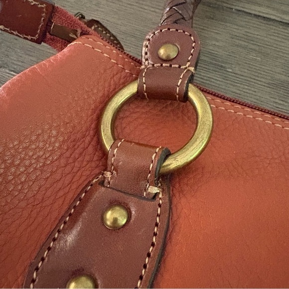 Fossil Orange Brown Genuine Leather Hobo Shoulder Handbag Purse Braided Strap - Picture 2 of 12